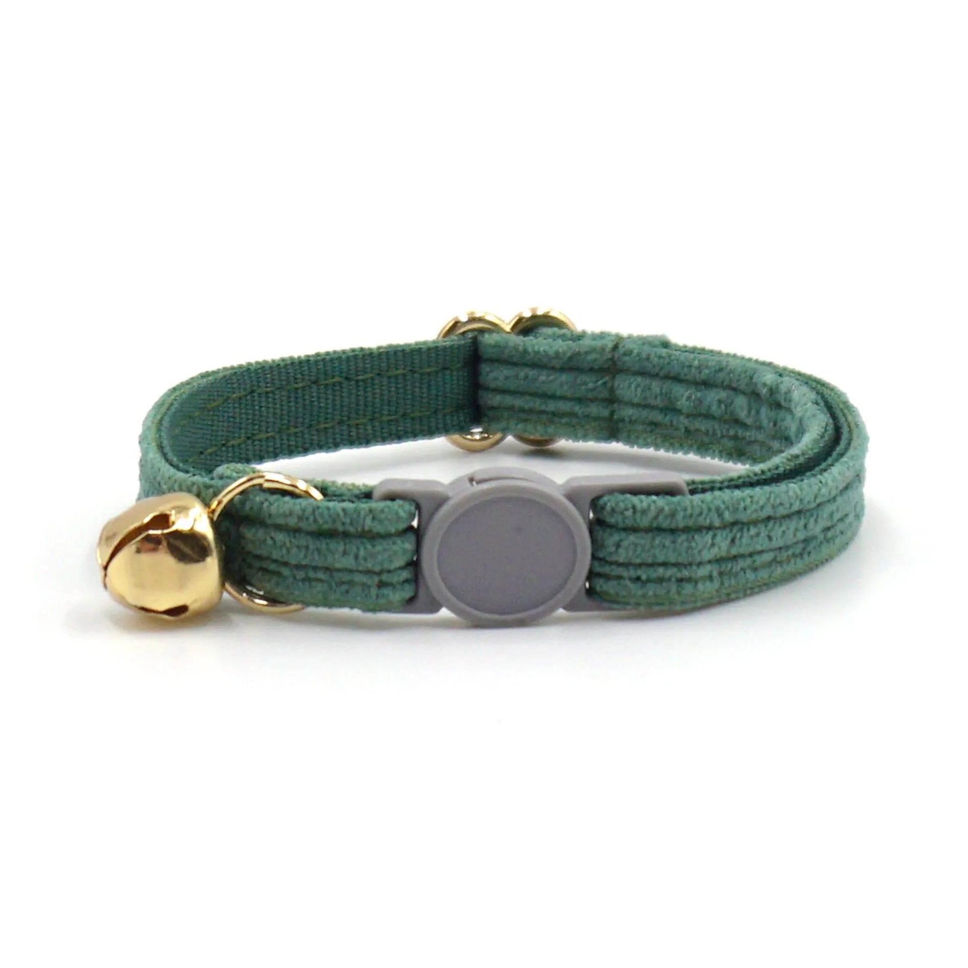 Cloth safety buckle cat collar with bell in brown corduroy on a cat