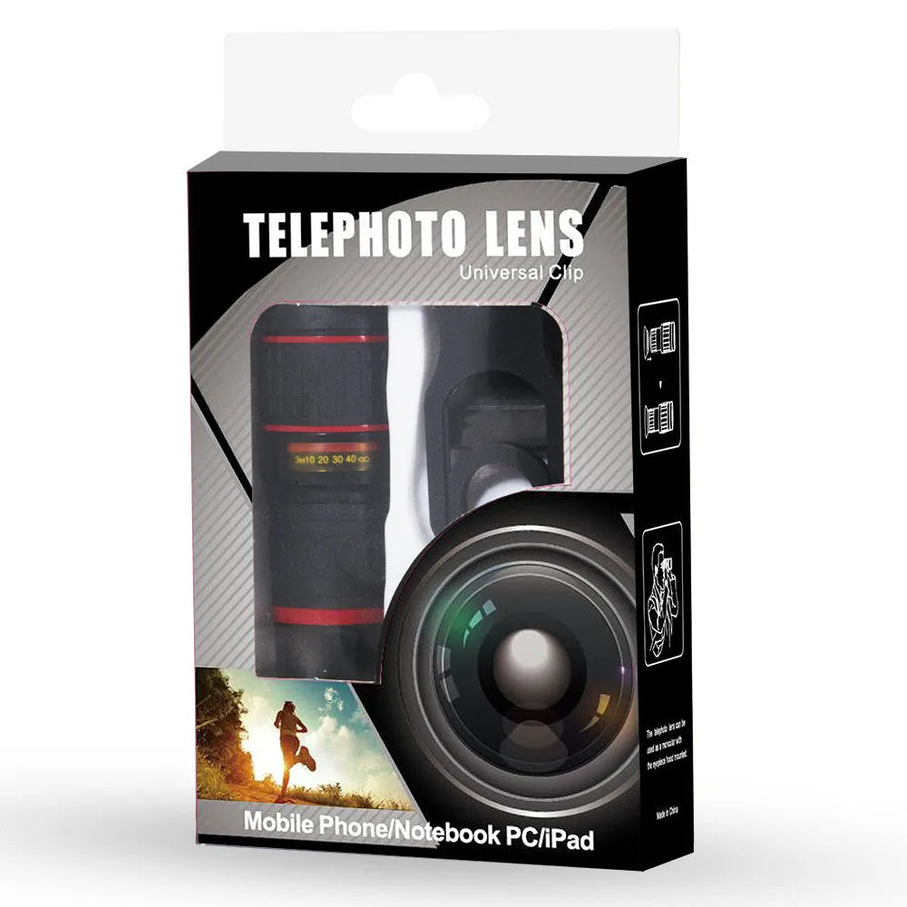 20x magnification smartphone telescope with optical glass lens and universal mounting clip on a mobile phone.
