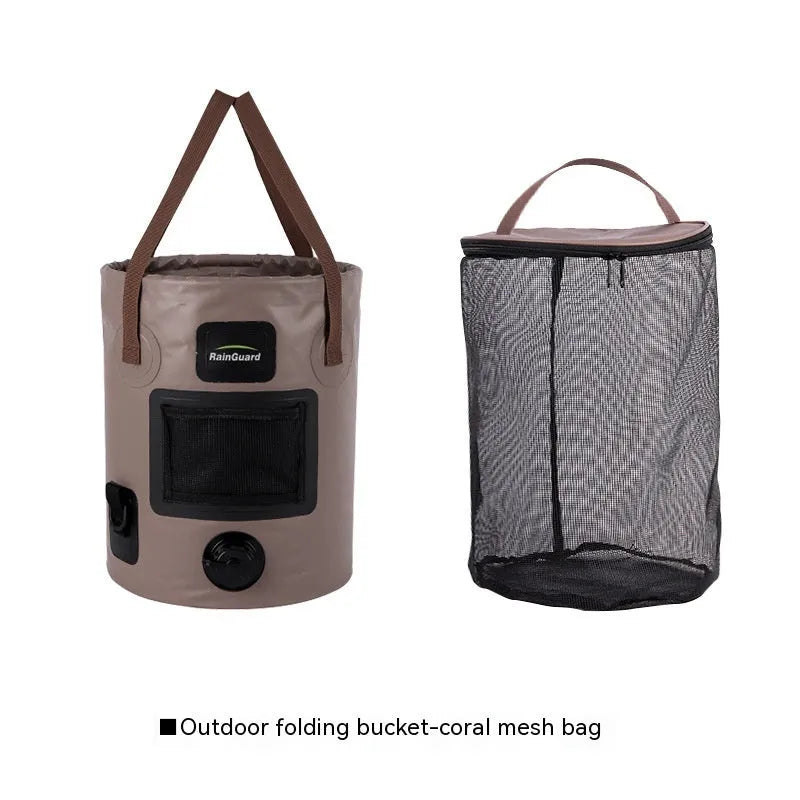 Collapsible orange fishing bucket showing folded and expanded states with mesh pocket option