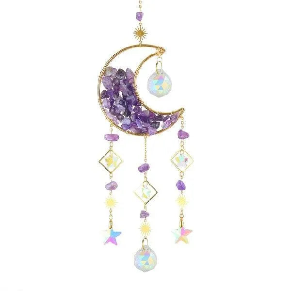 Crystal car pendant with moon design hanging from rear-view mirror