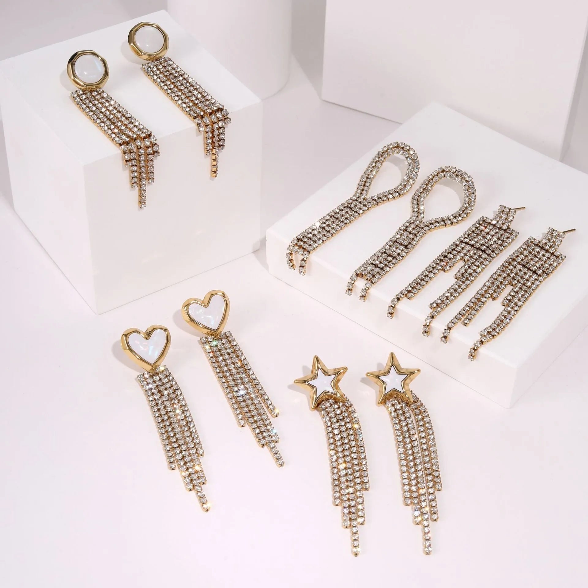 Diamond tassel love stainless steel earrings with heart star geometric shapes and 18K gold electroplating