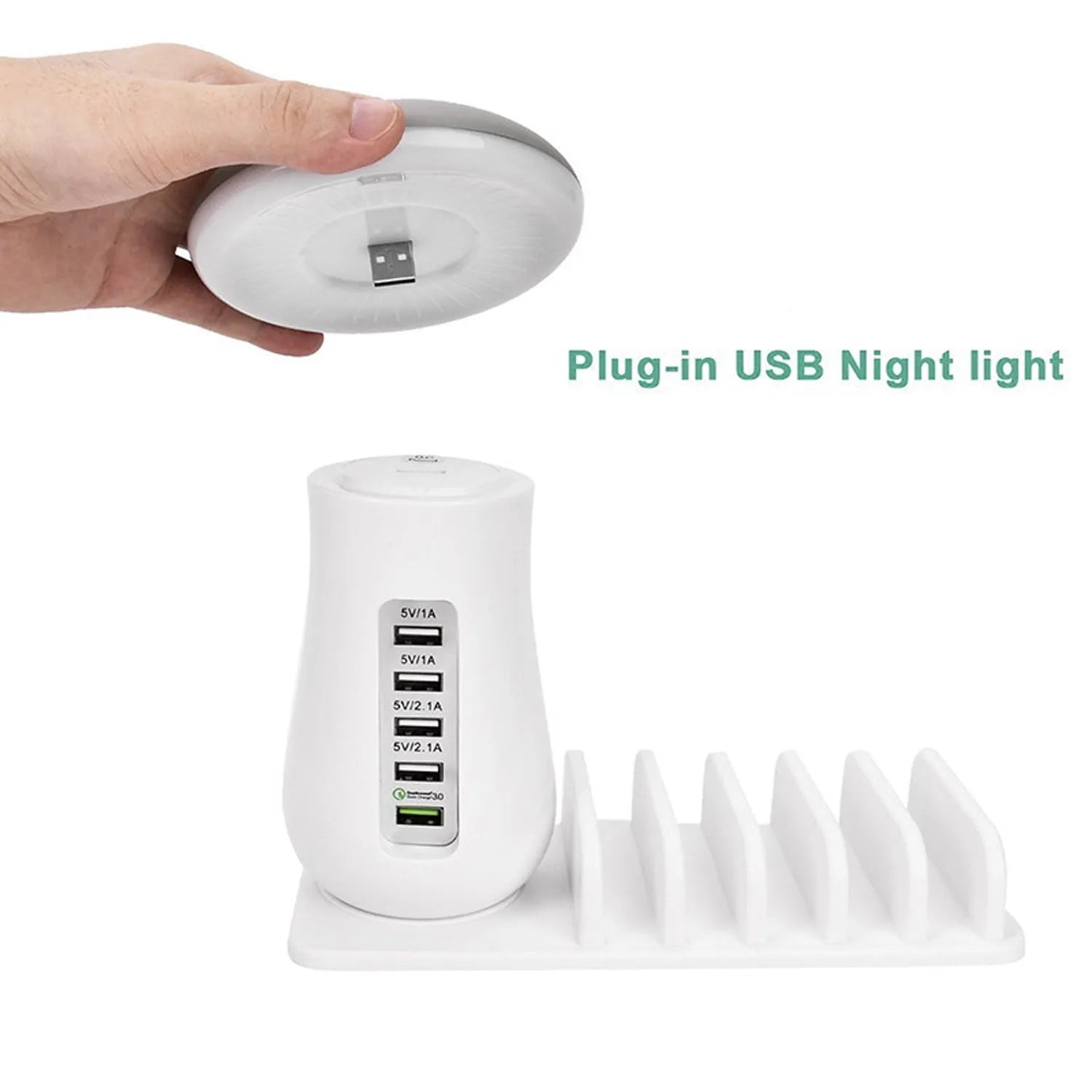 White mushroom-shaped LED charging dock station with 5 USB ports for phones and tablets.