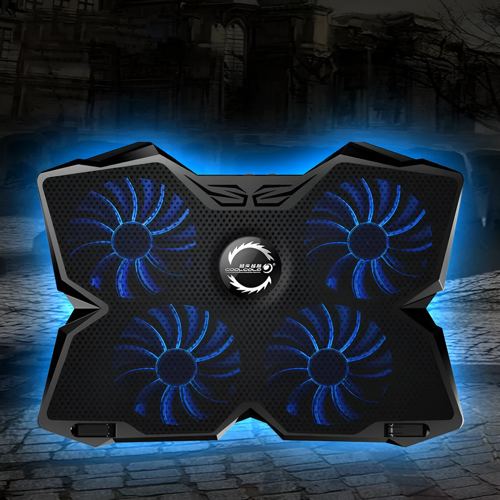 Blue laptop cooling pad with four illuminated fans and USB ports on adjustable base