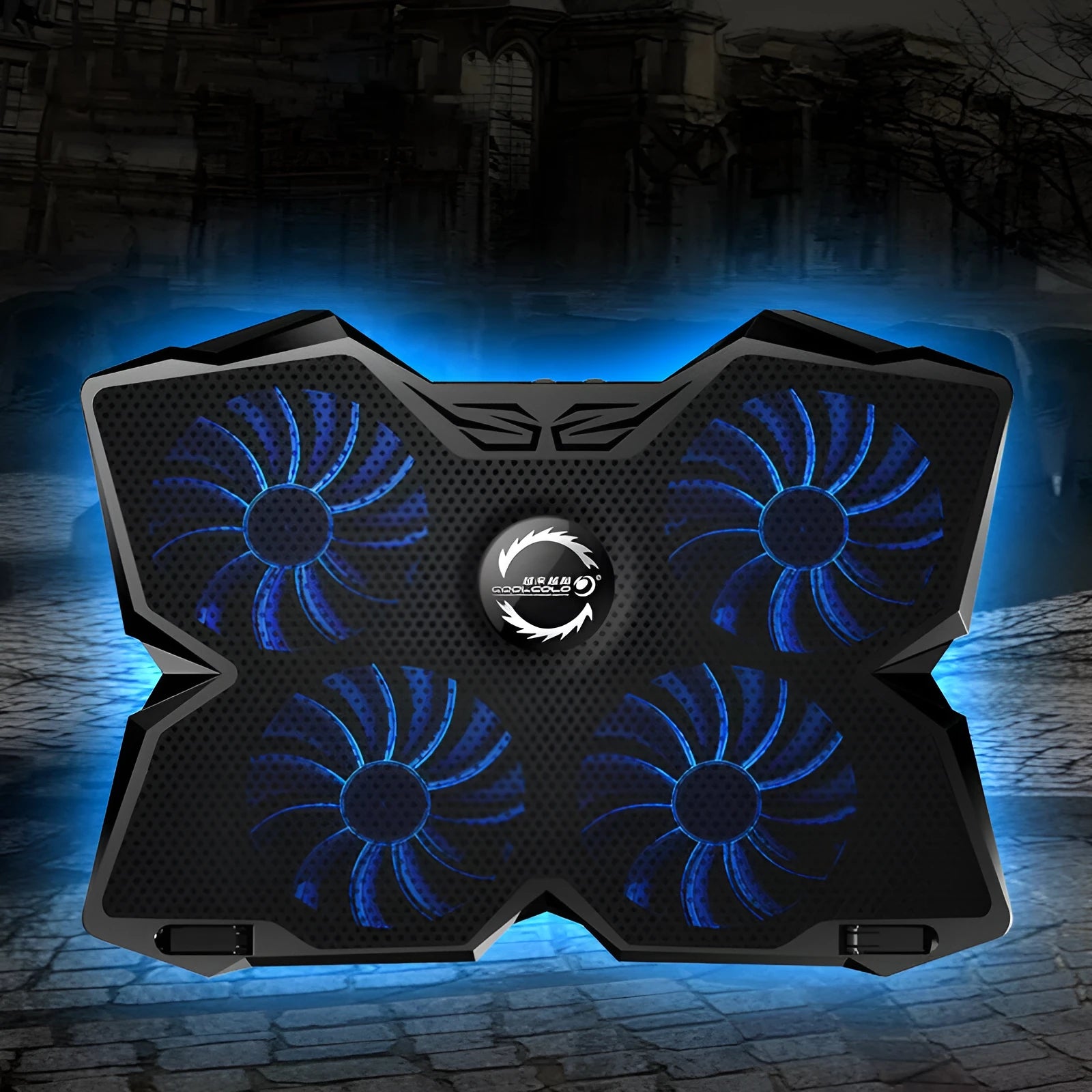 Blue laptop cooling pad with four illuminated fans and USB ports on adjustable base