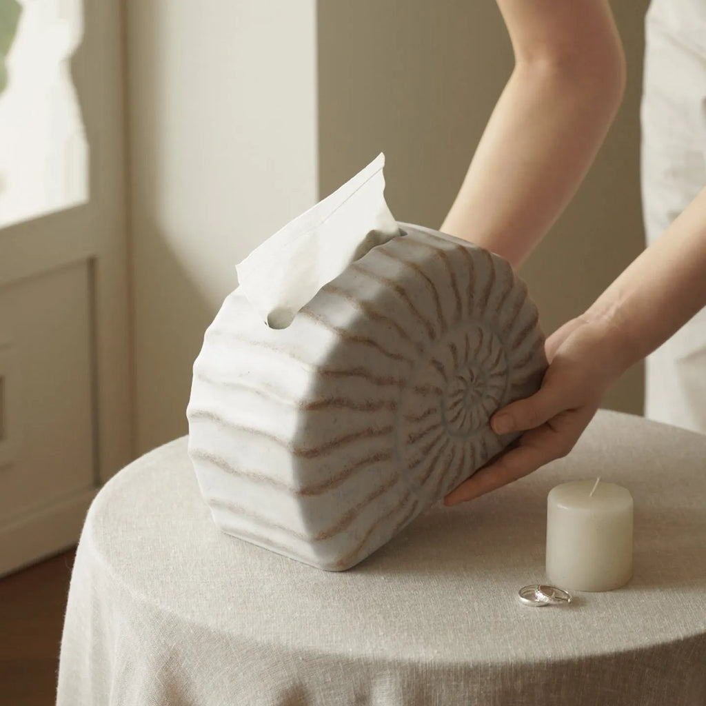 Conch coloured resin tissue box with modern minimalist design for home decor
