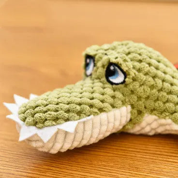 Set of two plush dog toys: crocodile and long-tailed fox made from polyester with squeakers