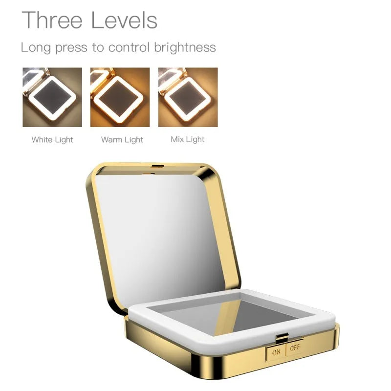 Black and white makeup mirror with LED lights around the edge, showing both the magnifying and standard mirror sides.