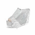 Korean platform flip-flops with a hollowed-out heel, chunky platform, and lace-up mesh upper in metallic colours.