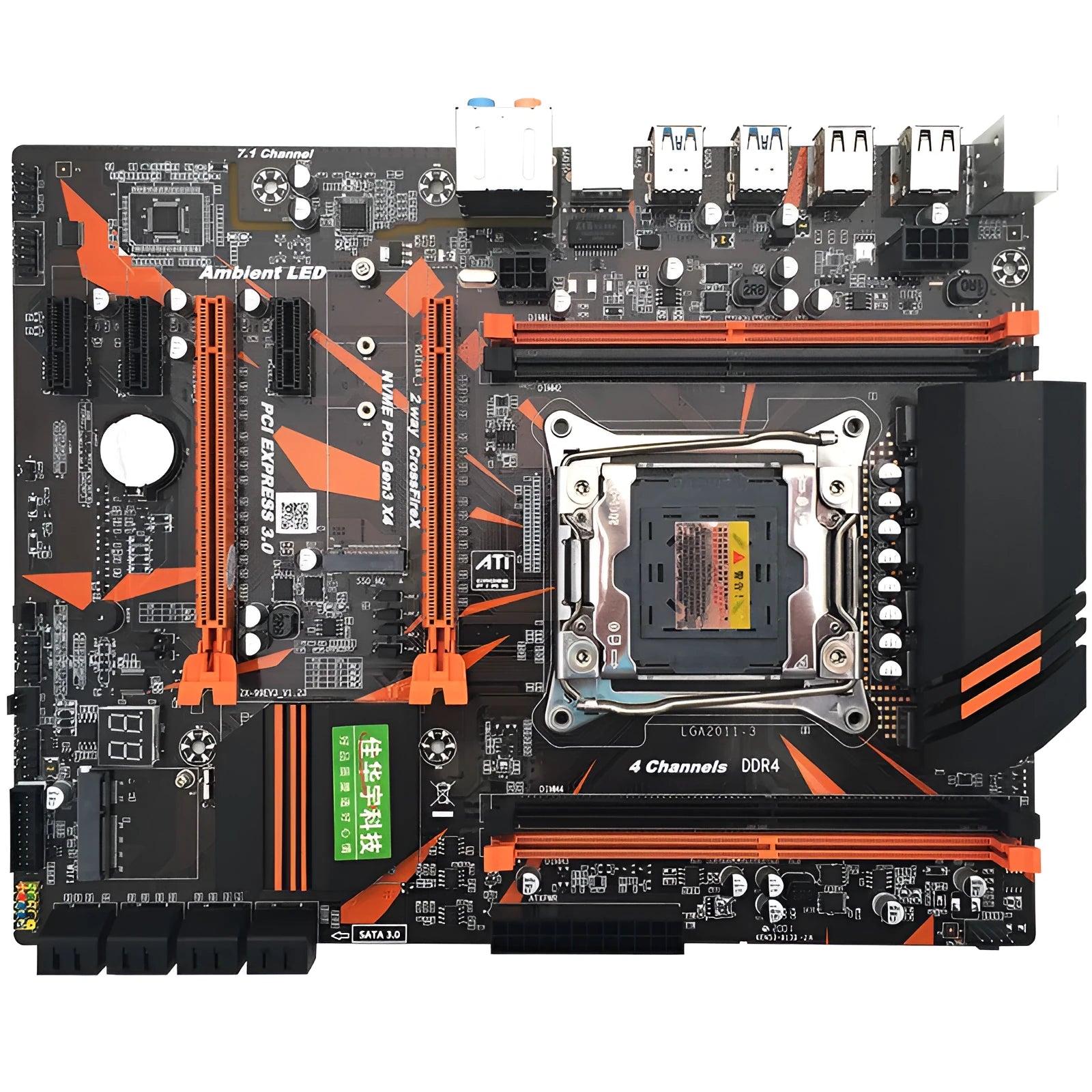 Black X99 ATX motherboard with LGA2011-3 socket, four DDR4 slots, dual PCI-E x16 slots, and M.2 interface