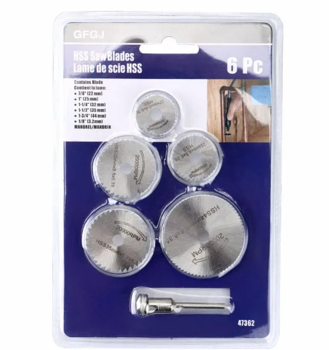 6 piece circular saw blade set with mandrel for rotary tools, high speed steel construction