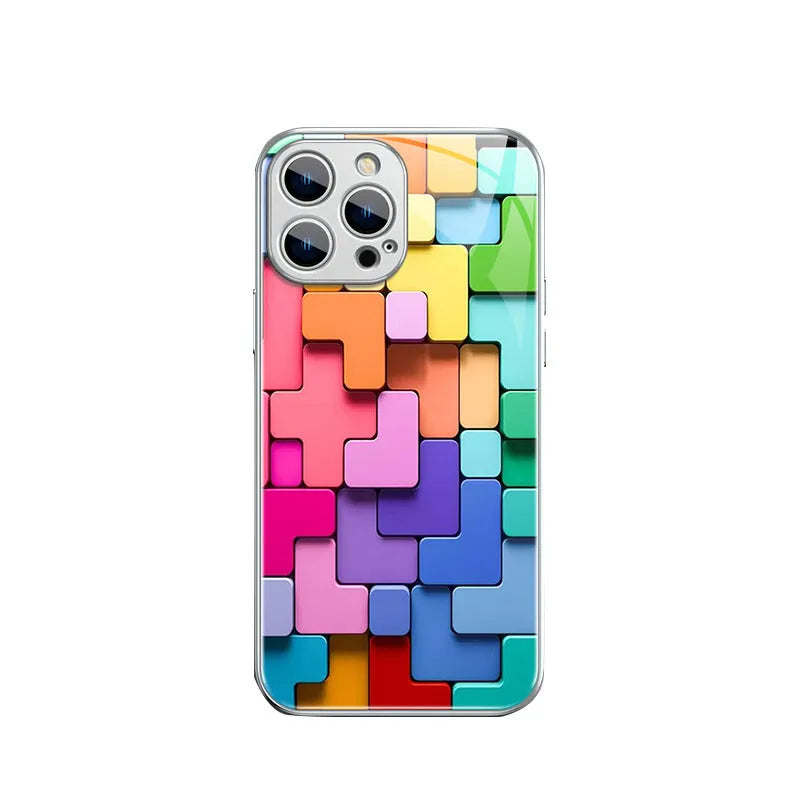 Silicone iPhone case with colourful geometric building block cartoon design