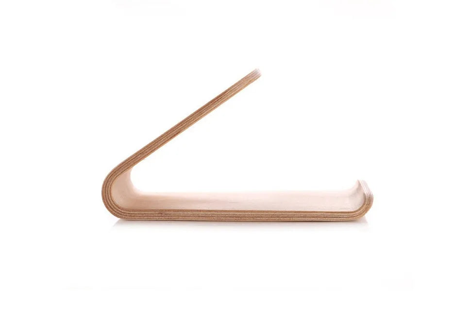 Wooden desk stand holding an iPhone, shown in walnut and white maple wood finishes.