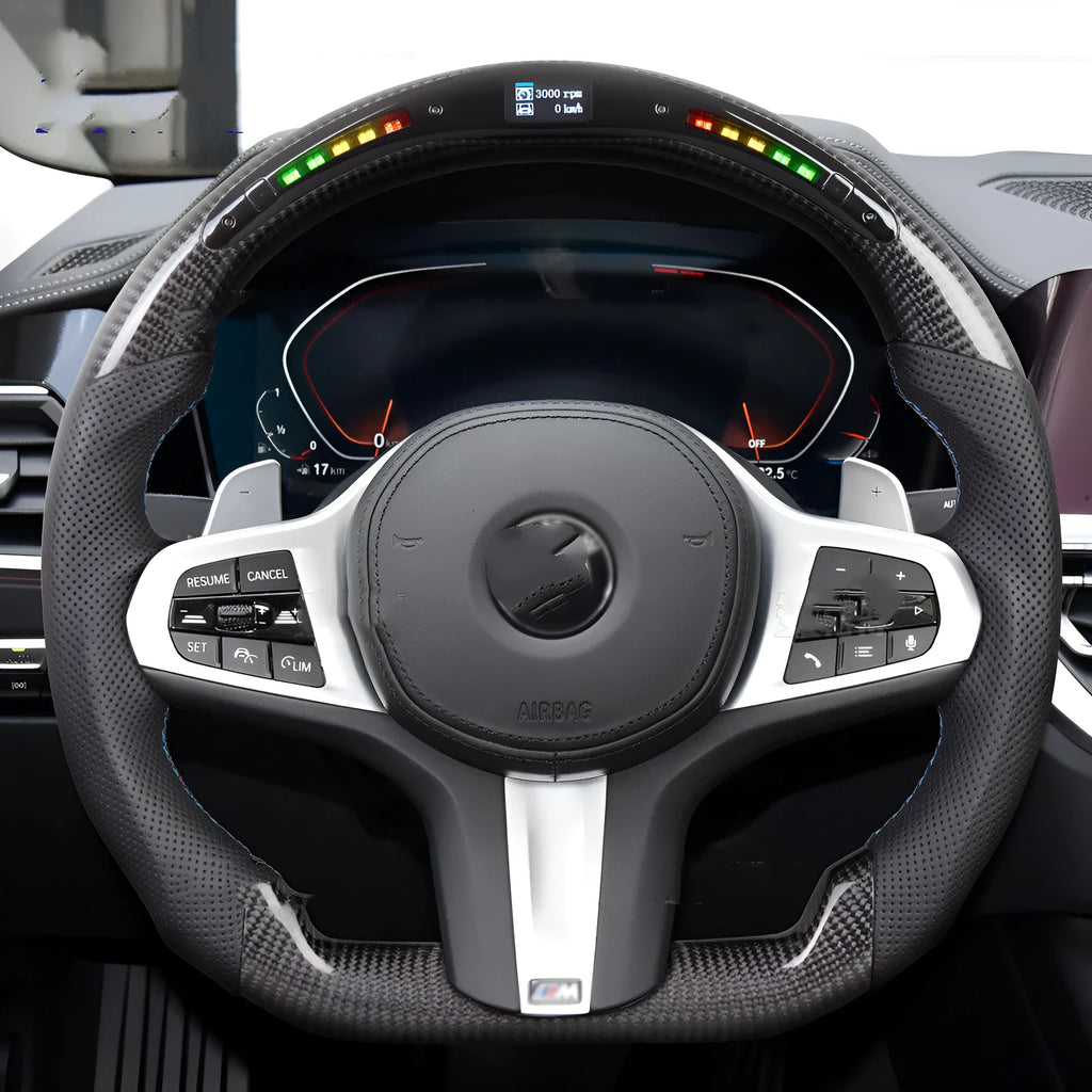Black carbon fibre steering wheel for BMW X3 X5 with LED controls and sport package styling