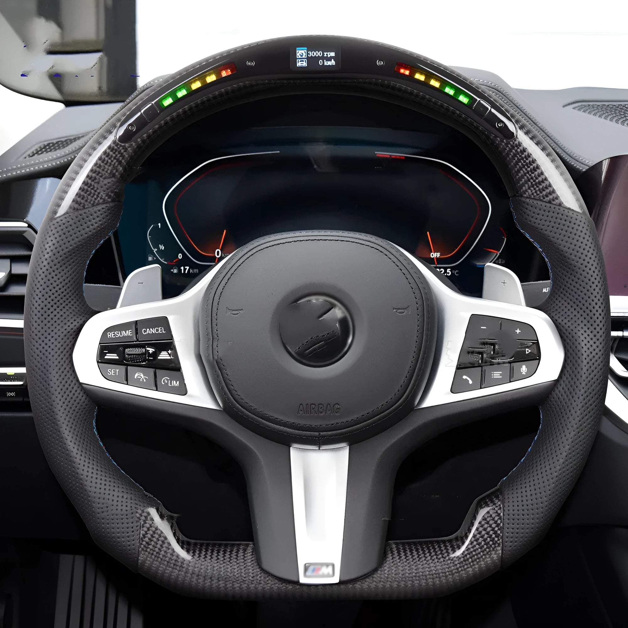 Black carbon fibre steering wheel for BMW X3 X5 with LED controls and sport package styling