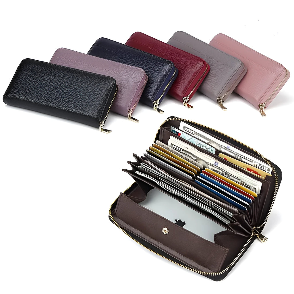 Women's genuine leather large capacity wallet with RFID protection in six colour options