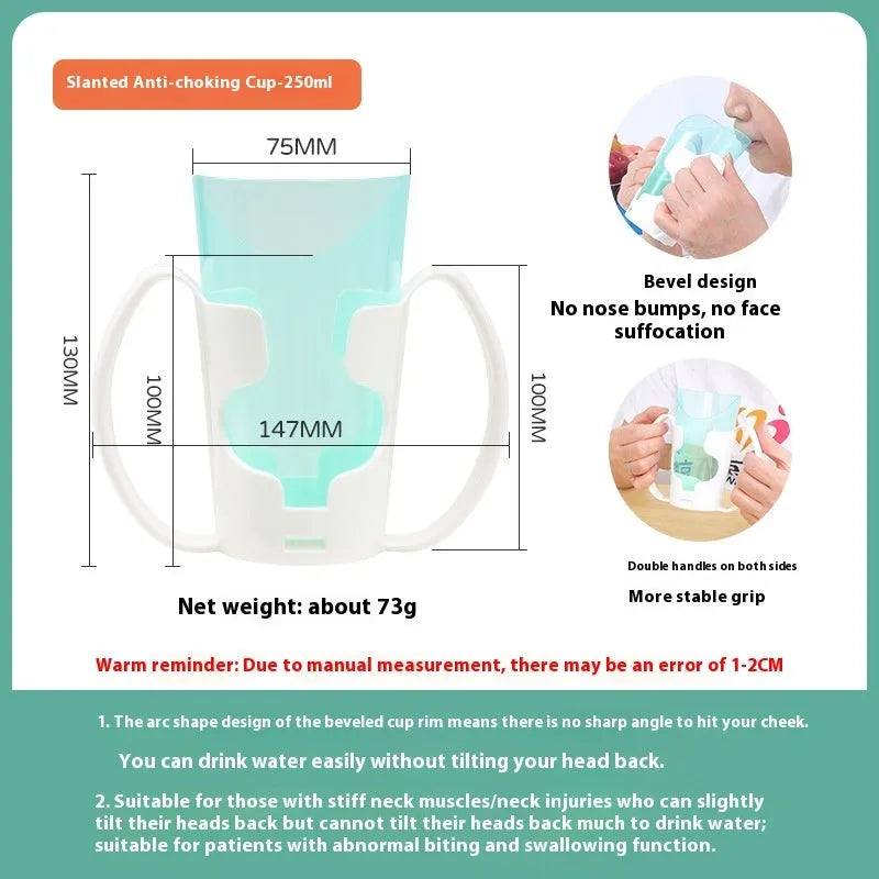 Oblique mouth choke proof cup with optional wrist splint for elderly bed drinking safety