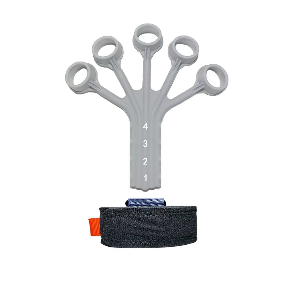 Black silicone finger rehabilitation trainer with adjustable resistance band for flexion and extension exercises