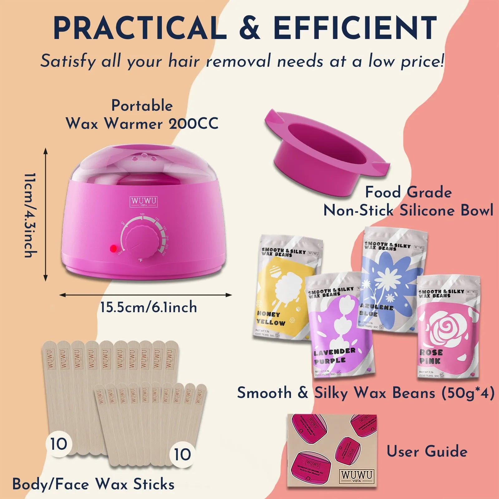 27 piece hair removal wax kit with electric warmer, four coloured wax beads, and applicator sticks