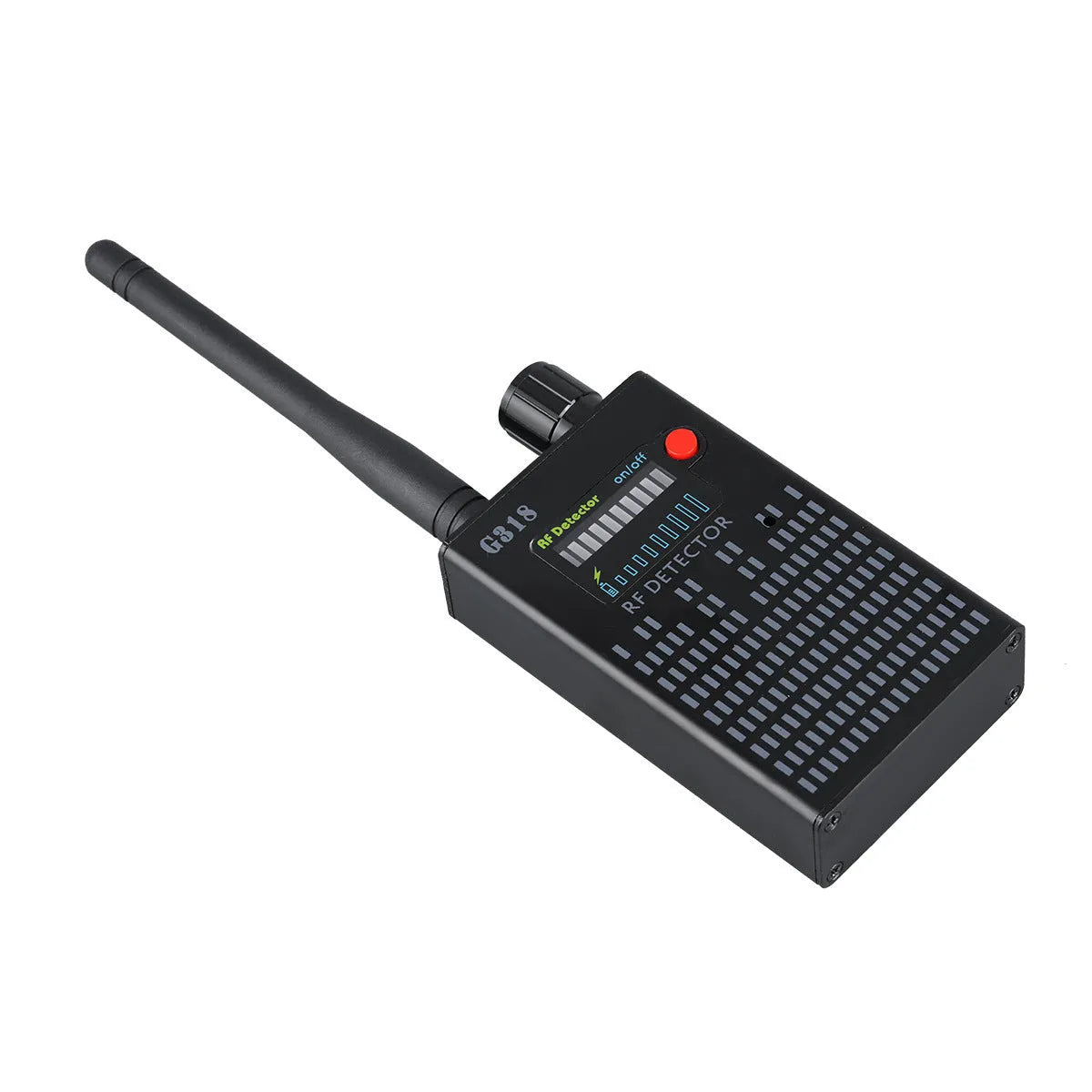 Black G318 aluminium alloy anti-theft camera detector with data cable.