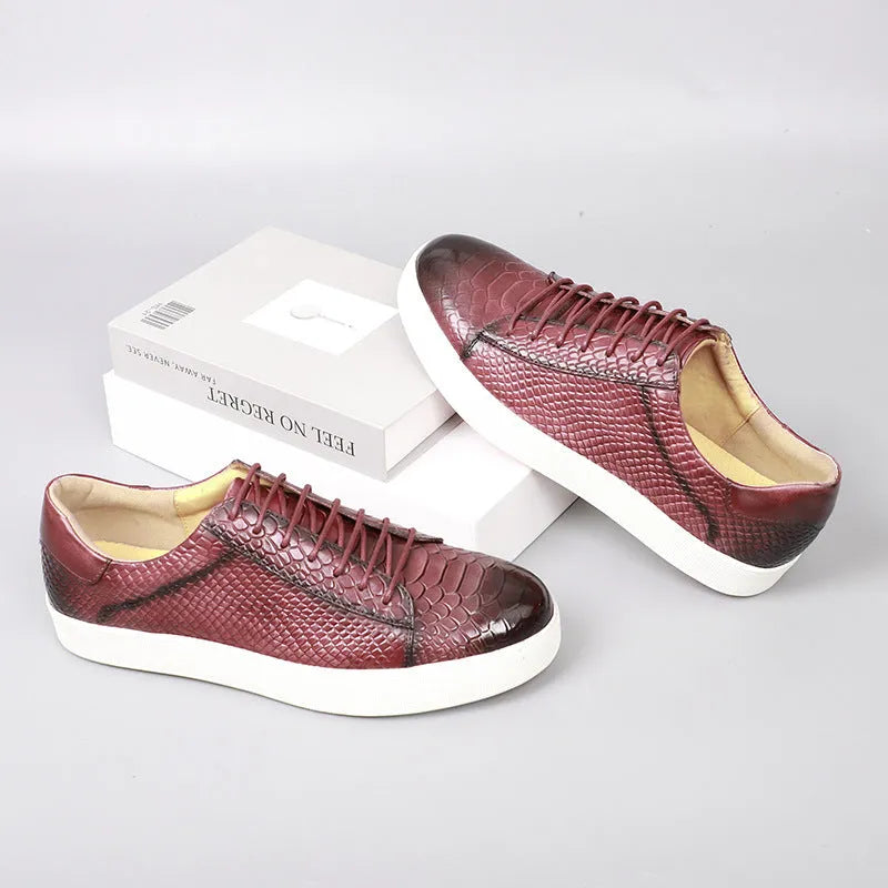 Lace-up embossed flat casual leather shoes for men in caramel colour, first layer cowhide, rubber sole, round toe, low heel