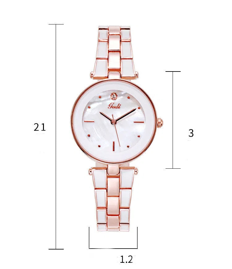 Ladies quartz watch with white round dial, steel strap, and rose gold sheen on a plain background