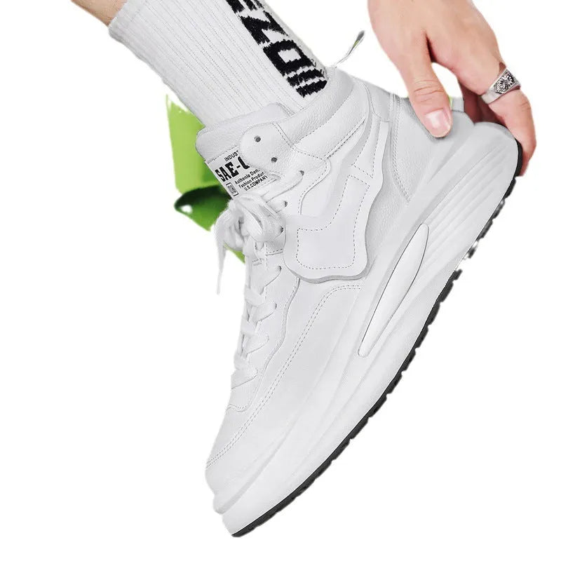 Men's black high-top platform casual shoes made of artificial PU leather with a round toe.