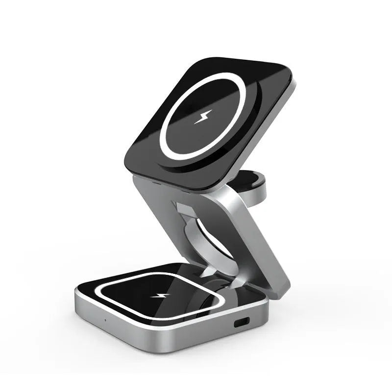 Folding three-in-one wireless charging bracket for Apple Samsung and Google devices with magnetic ring