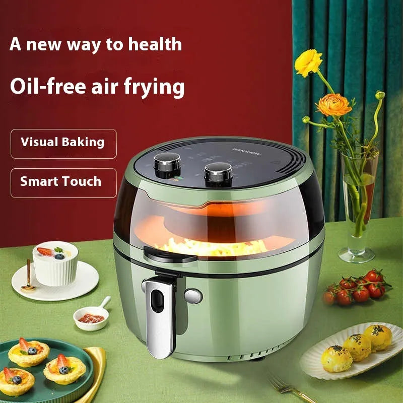 Air fryer oven with visible cooking window and mechanical control panel