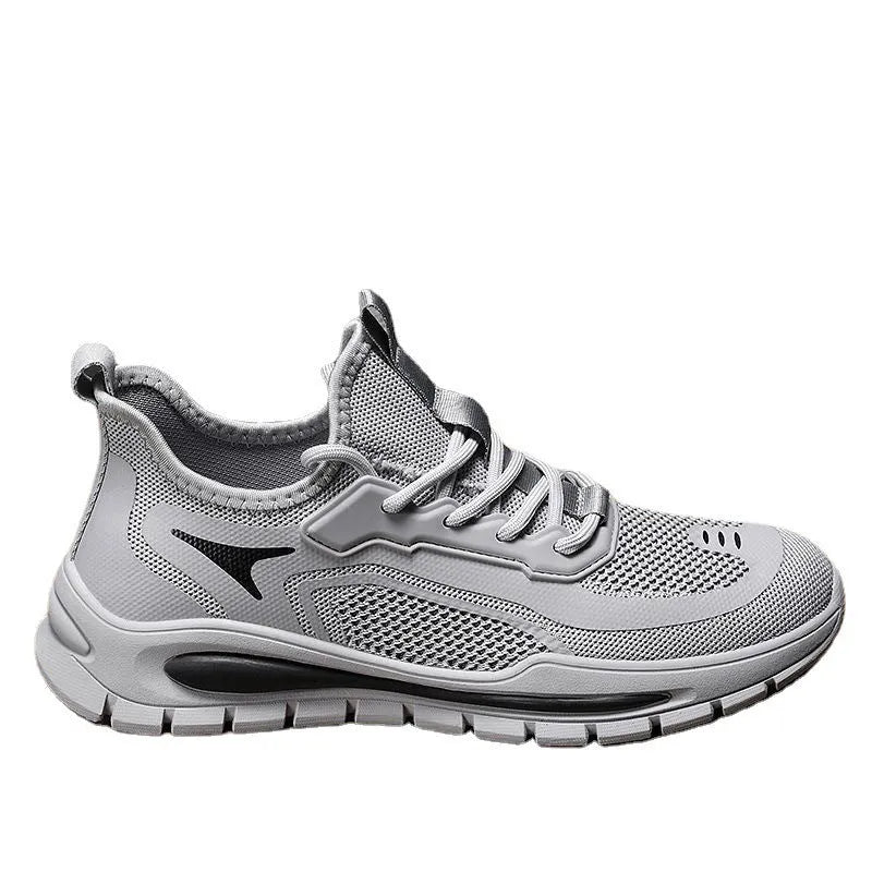 Mens breathable woven mesh low top lace up sports shoes in black and gray with PVC sole