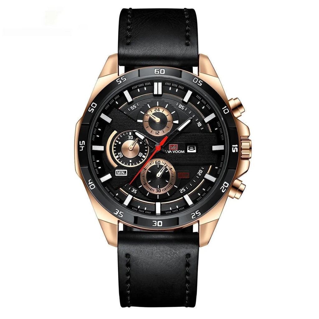 Men's waterproof business calendar quartz watch with leather strap and metal case in various colour options