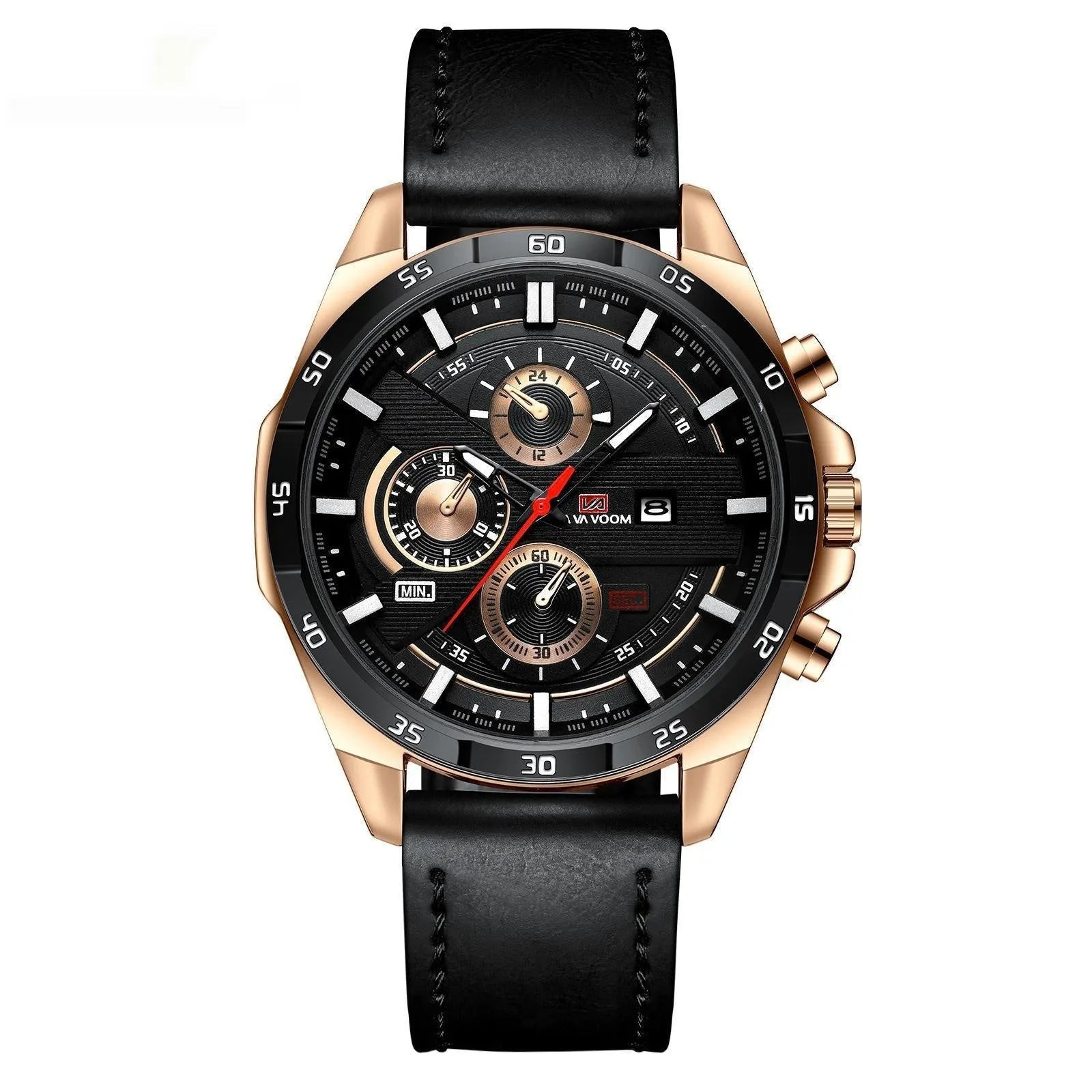 Men's waterproof business calendar quartz watch with leather strap and metal case in various colour options