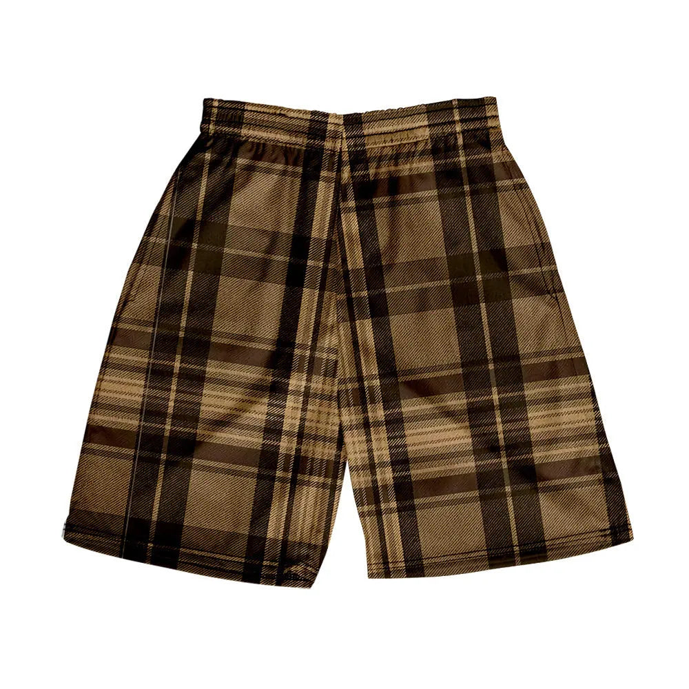 A pair of men's plaid pattern shorts with an elastic waistband, shown in a solid colour.