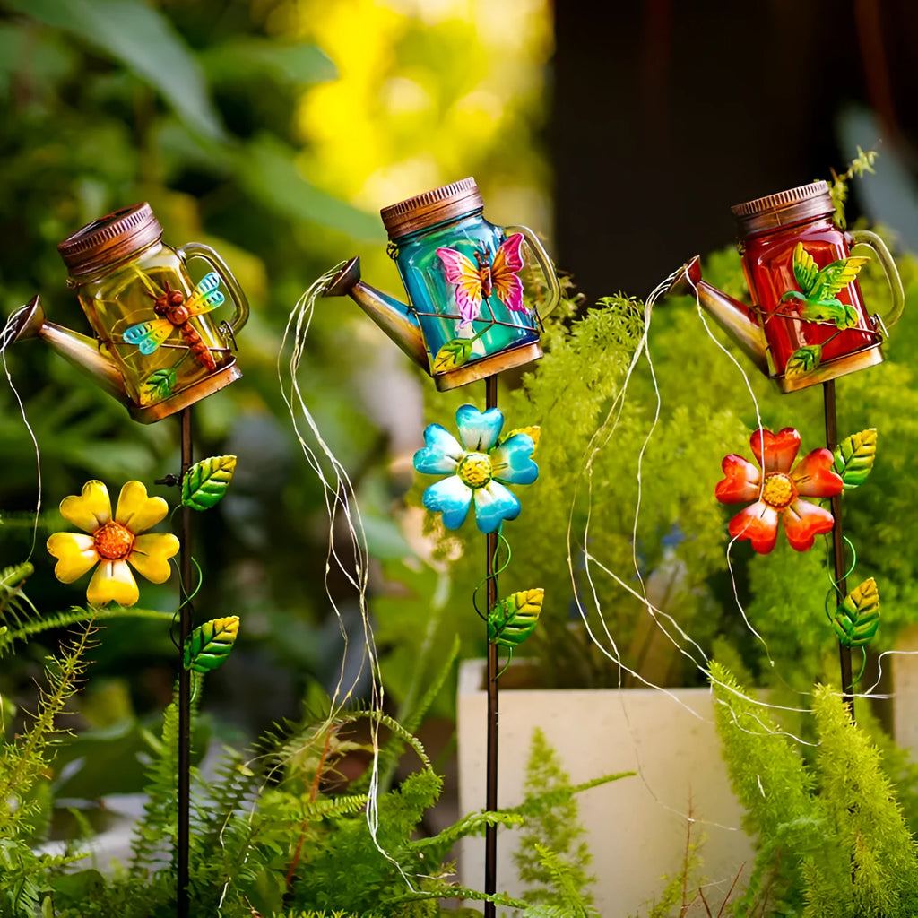 Solar iron kettle lamp with Butterfly motif, outdoor waterproof, 79.5cm height