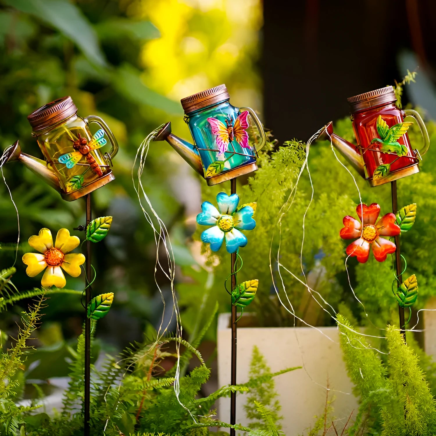 Solar iron kettle lamp with Butterfly motif, outdoor waterproof, 79.5cm height