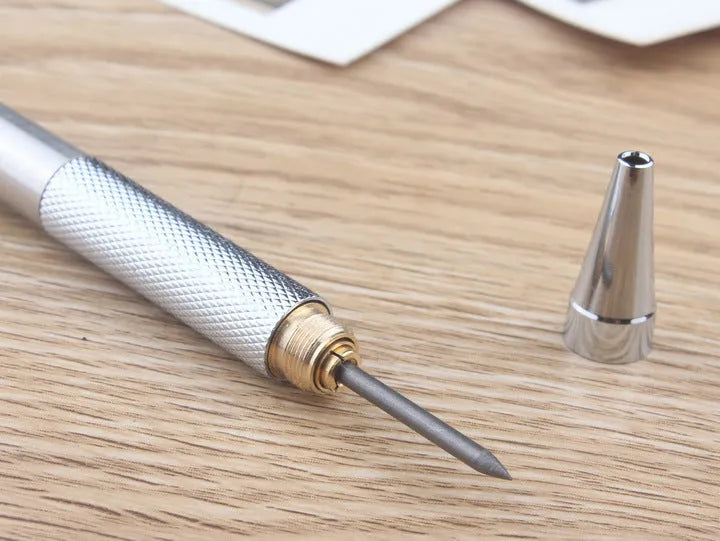 Metal automatic mechanical pencil showing multi-size lead compatibility for 0.5mm, 0.7mm, 0.9mm, 1.3mm and 2.0mm diameters