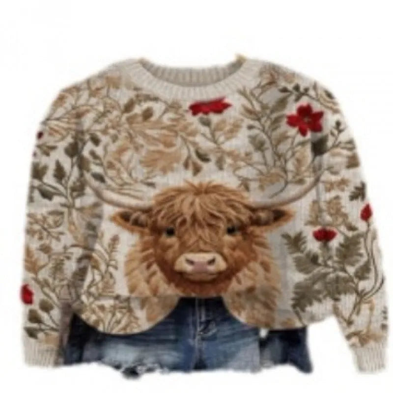 Women's digital printed floral pattern round neck sweater in polyester fabric