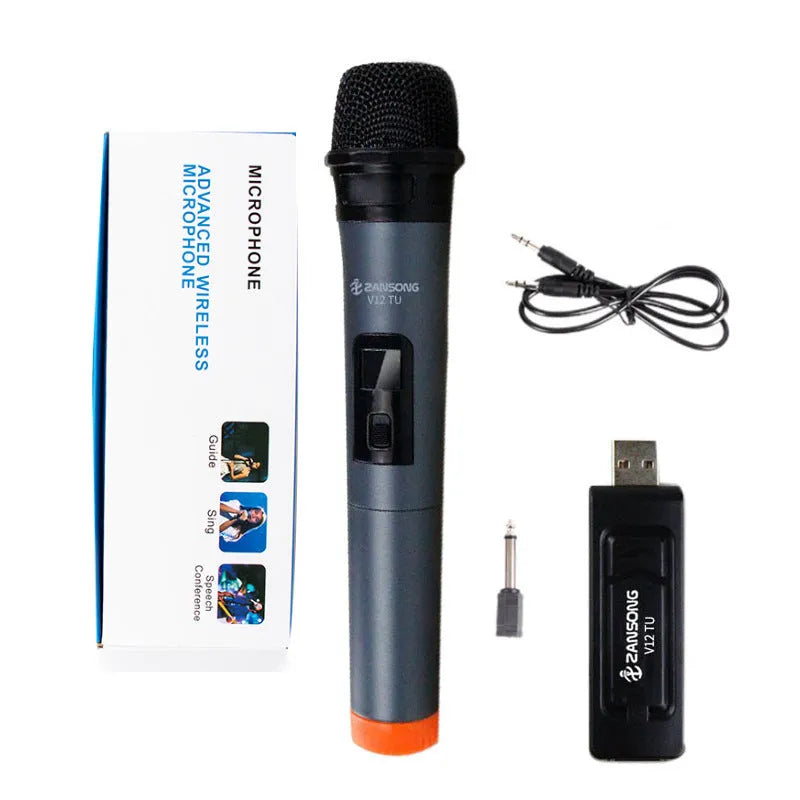 Black dynamic wireless handheld V12 microphone with USB receiver and adapter
