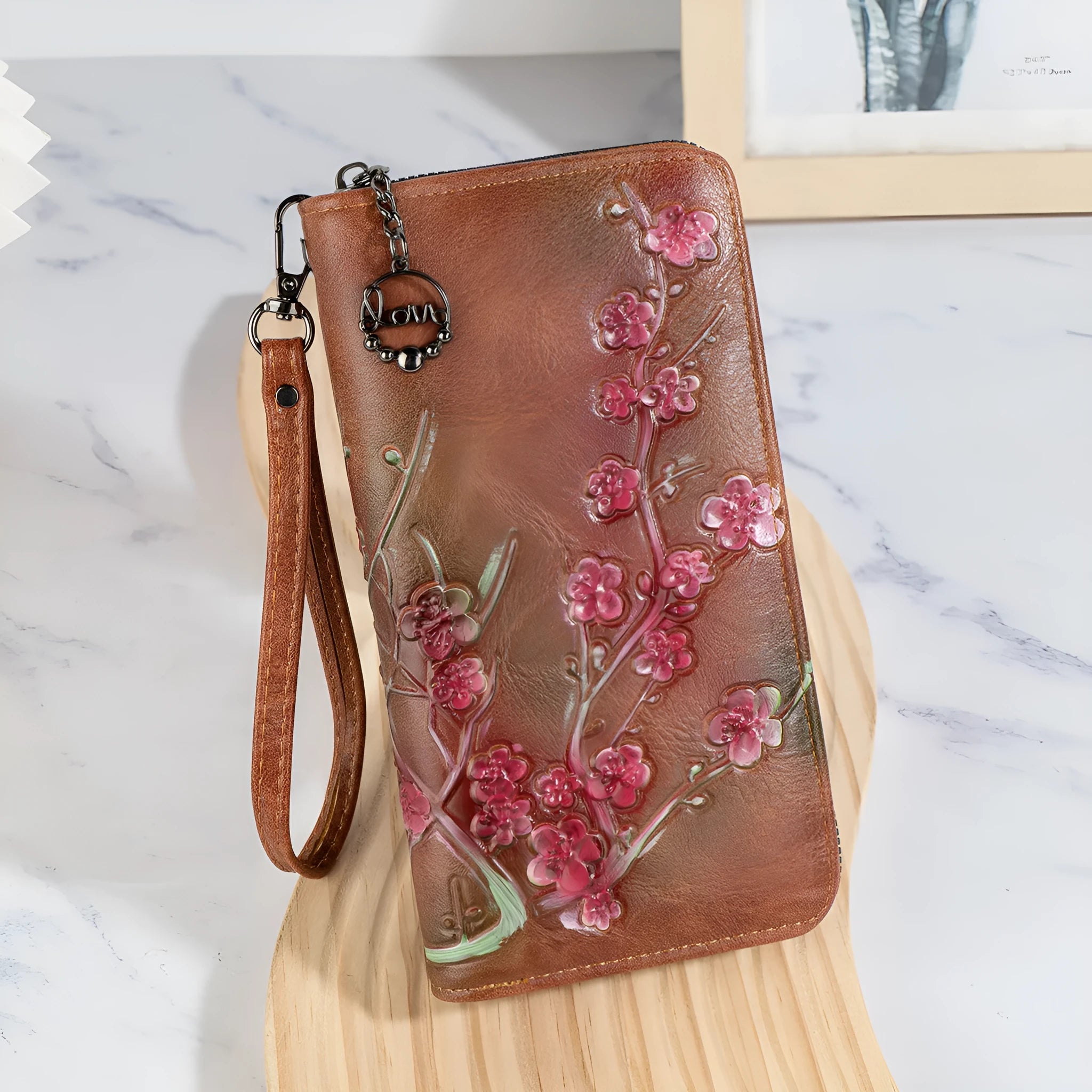 Chinese style floral embossed zipper handbag in black with hand-painted details