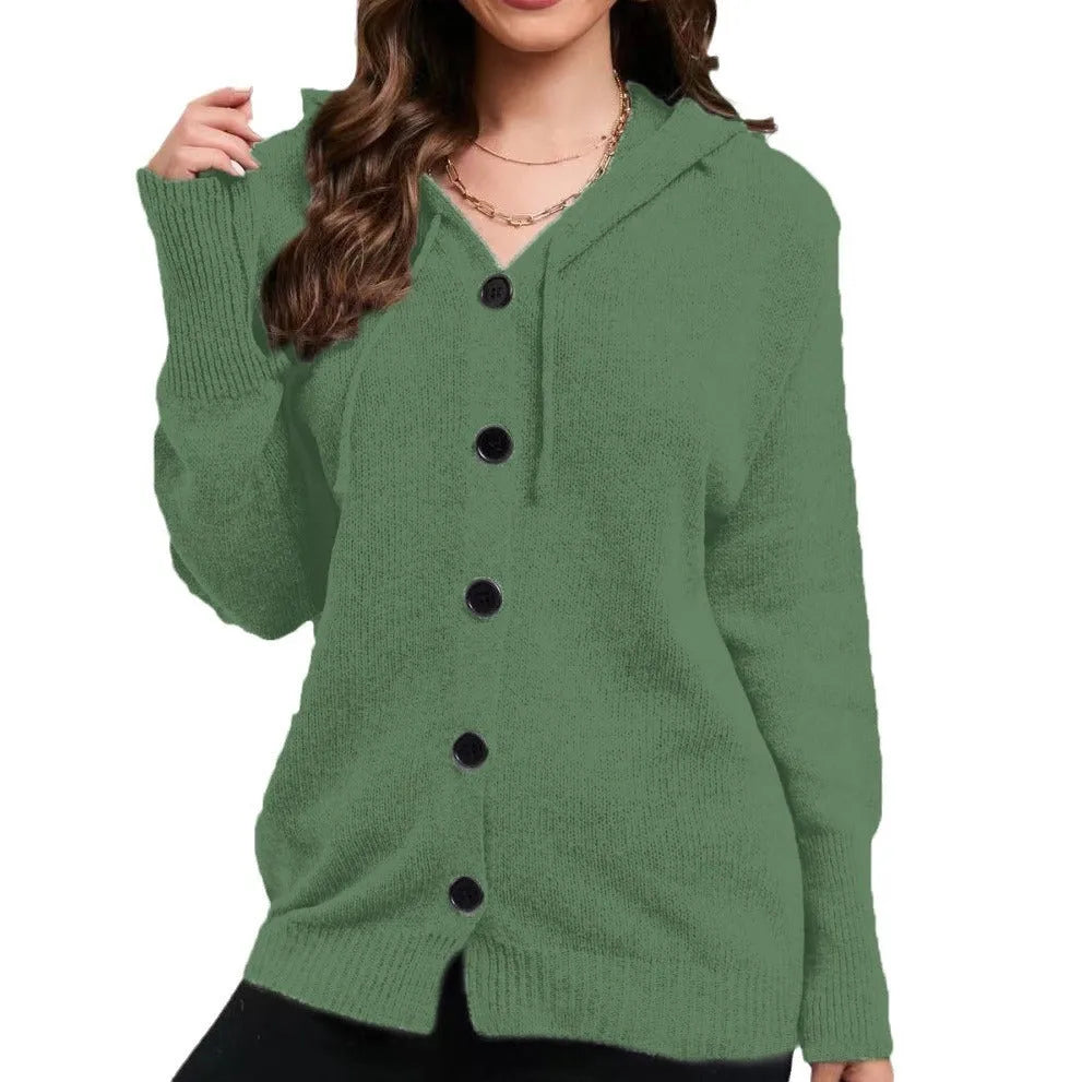 Women's solid colour hooded cardigan sweater in thick cotton with 3D pattern
