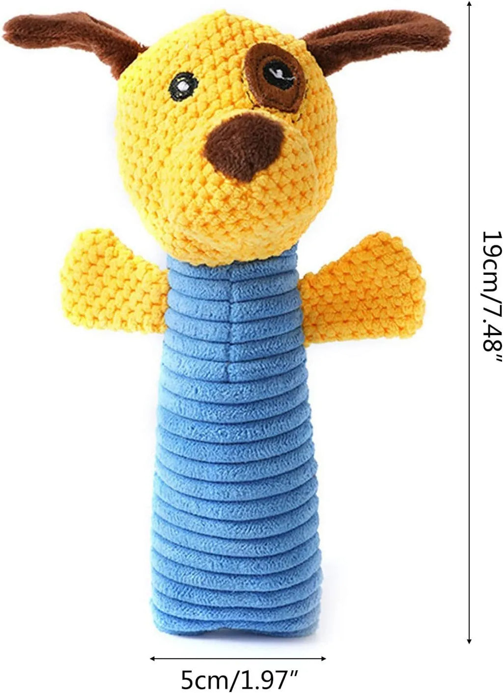 Squeaky stuffed animal dog chew toy measuring 19cm by 5cm for dental cleaning
