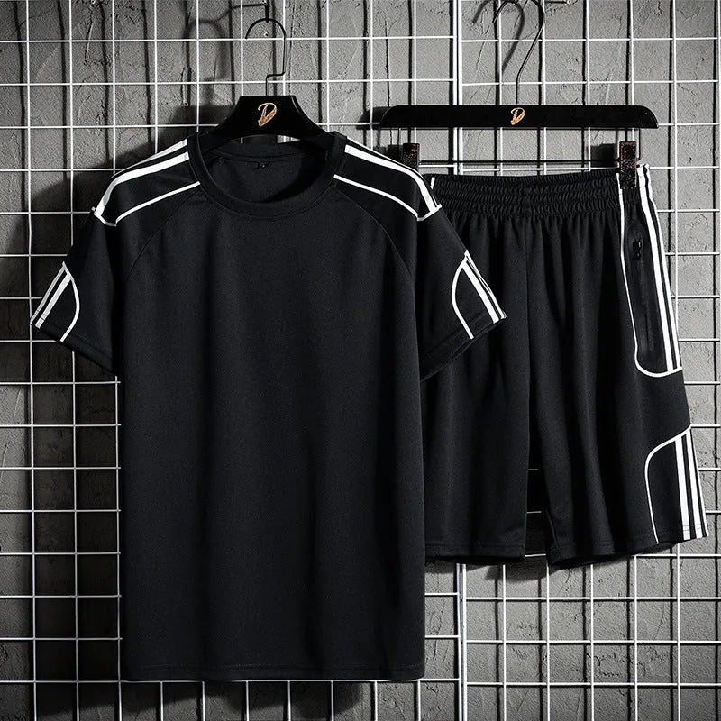 Short sleeved sportswear shorts suit in black with thin fabric T-shirt and matching shorts for men and women