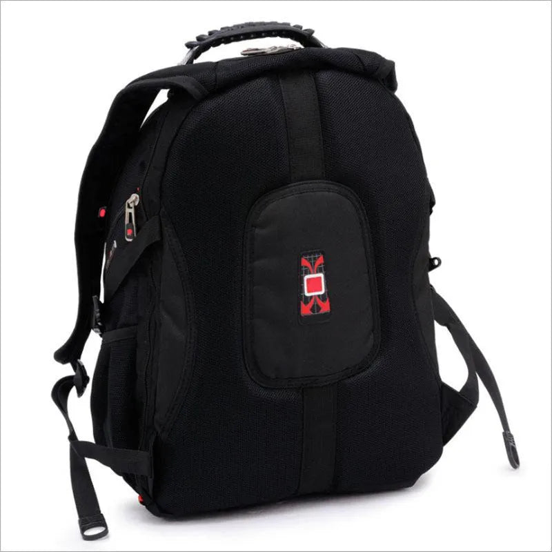 Black business computer backpack open to show three compartments and laptop sleeve.