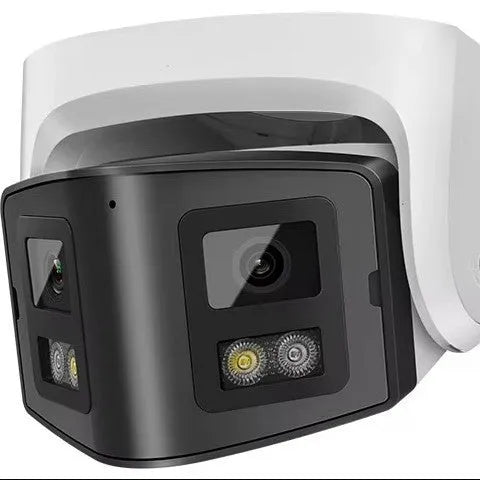 4MP dual-lens panoramic CCTV security camera with metal IP66 housing.