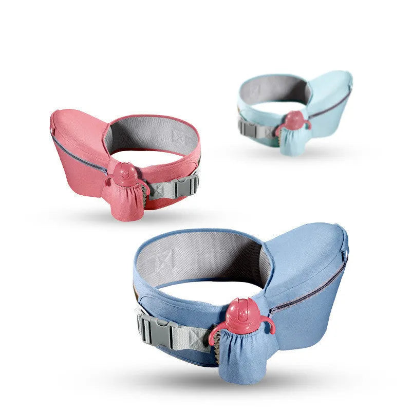 Baby carrier waist stool walker in blue with padded waist belt and hipseat, front zipper bag and side mesh bag visible