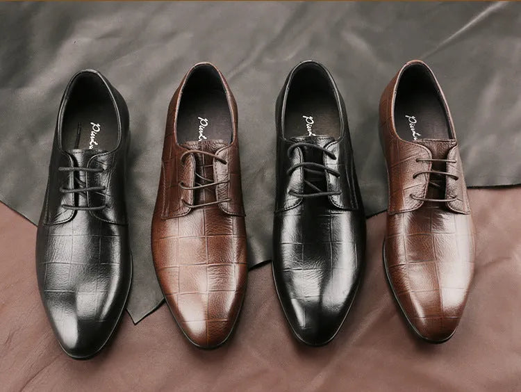 Men's black leather Derby shoes with checkered pattern detailing and pointed toe caps