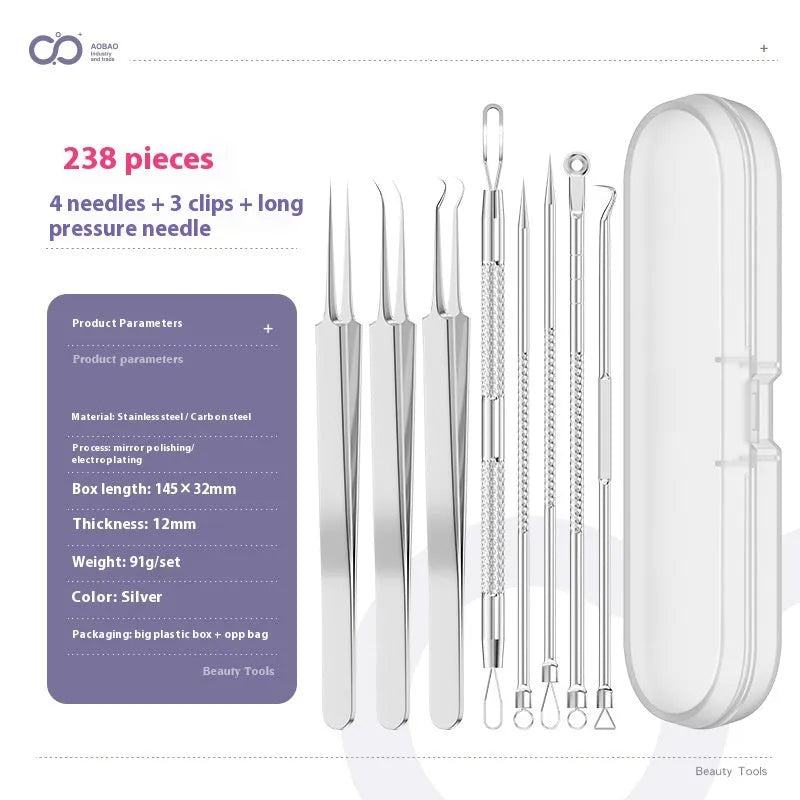 Four silver metal acne needles with ultra-fine pointed tips for skincare extraction.