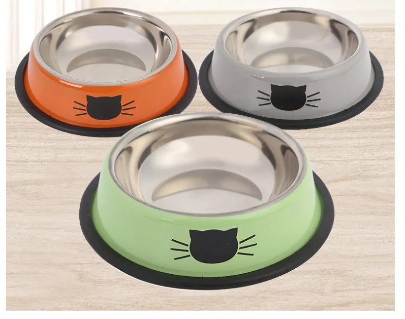 Stainless steel non-slip cat bowl set in purple orange green and black