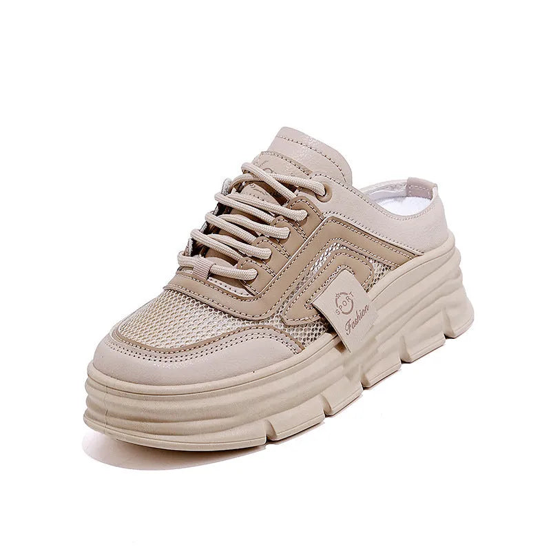 Women's mesh half slippers with height increasing insole in black, khaki or white colours