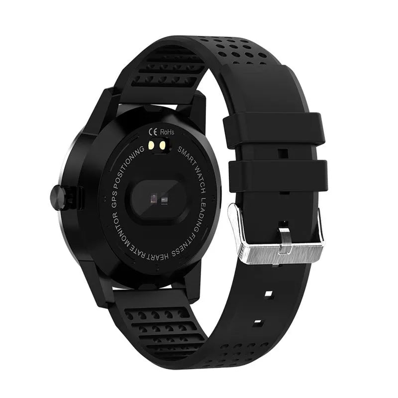 Black and blue smart bracelet with colour screen showing heart rate and fitness data