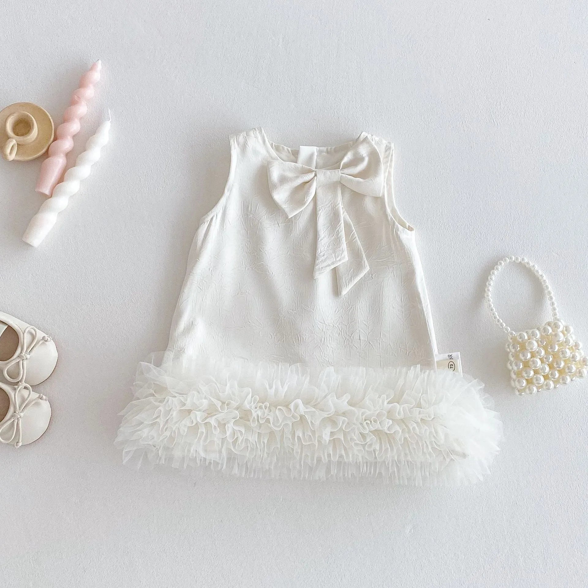 Children's Korean-style solid colour dress with bow in cream rice, polyester fibre, for height 100 cm